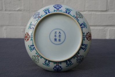 A Chinese doucai 'Shou' plate, Yongzheng mark, 19/20th C.
